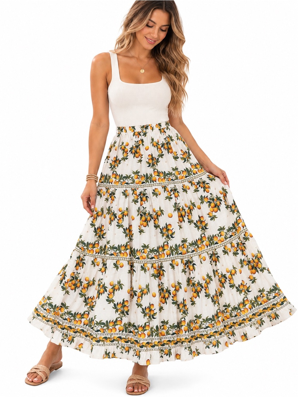 NWOT! Max Studio White Maxi Skirt with Orange Fruit Print
